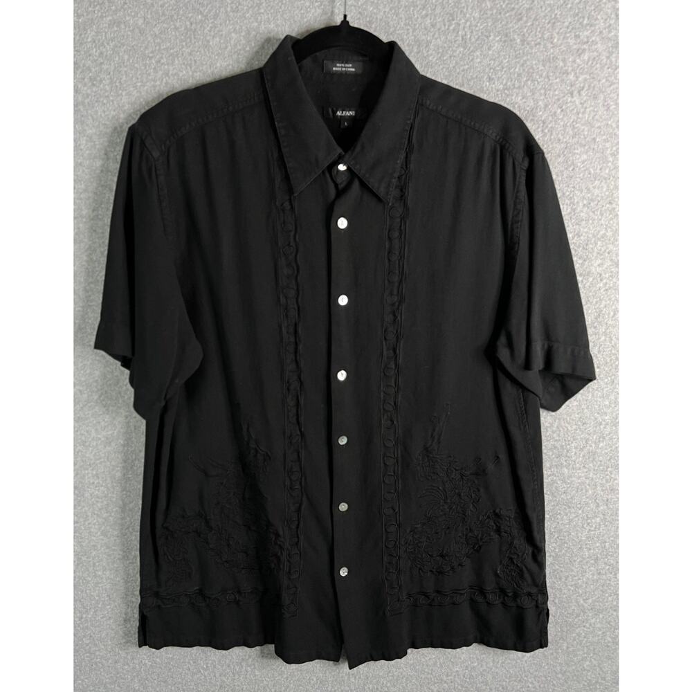 Alfani Men’s Silk Shirt Black Embroidered Dragon Button Up Short Sleeve Large